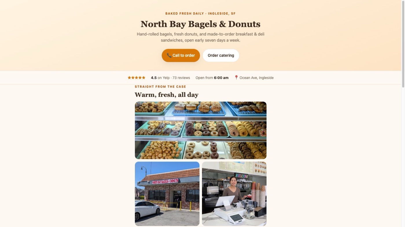 Sample website designed for North Bay Bagels & Donuts, a neighborhood bakery in Ingleside, San Francisco