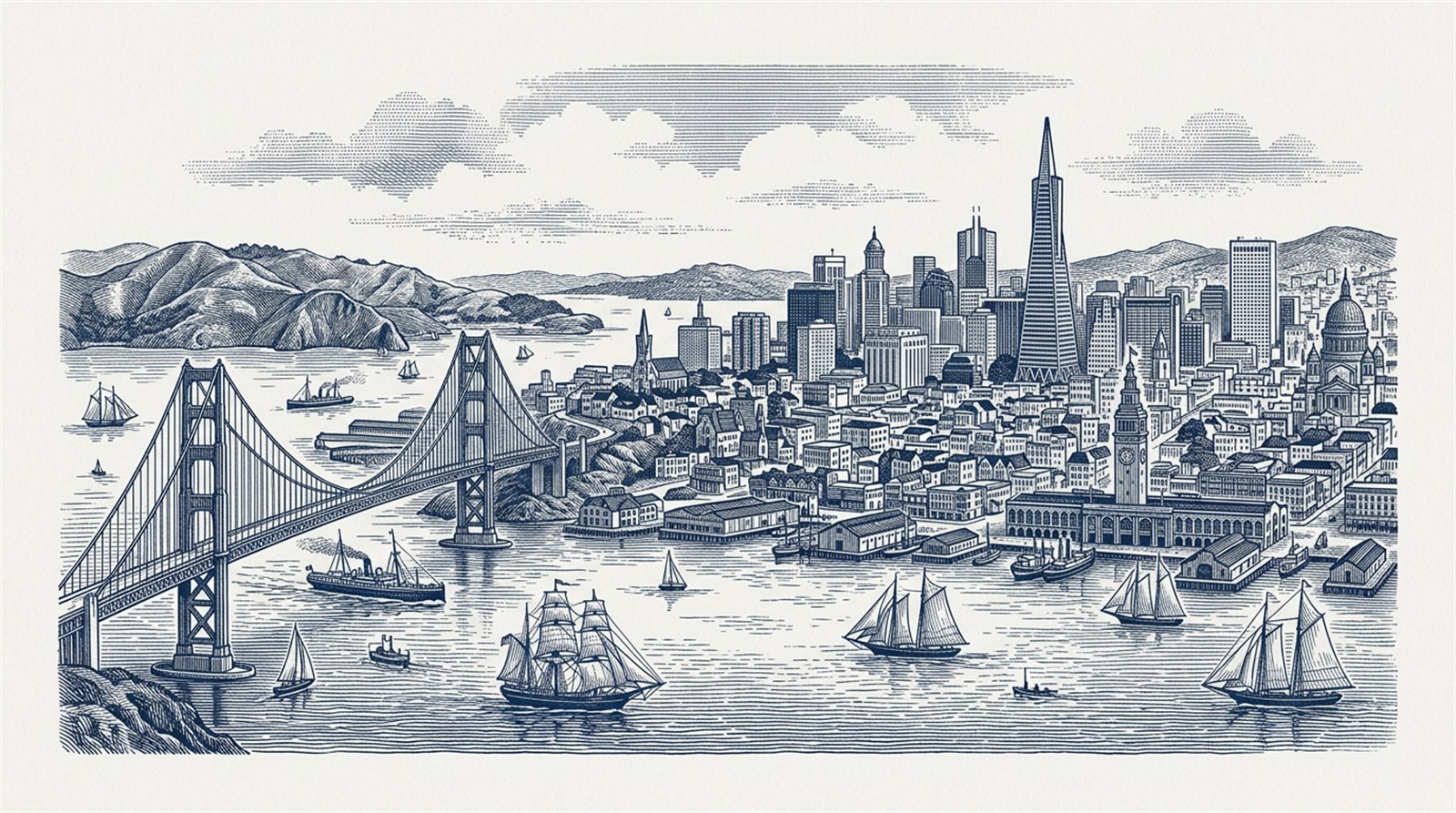 Line engraving of the San Francisco skyline and bay, drawn in navy ink on paper